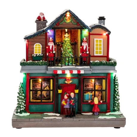 XMAS LIGHTED GIFT SHOP WITH MOVEMENT INCLUDING ADAPTOR 26X15X27CM