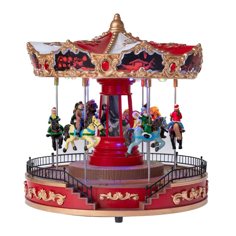 CHRISTMAS RESIN CAROUSEL WITH ADAPTOR LED LIGHTS, MUSIC AND MOVEMENT 25X25X26CM