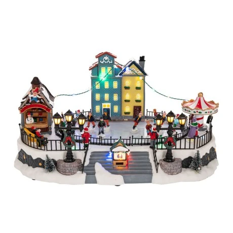 XMAS ANIMATED AND LIGHTED VILLAGE WITH SKI SLOPE INCLUDING ADAPTOR 41X27,5X20CM