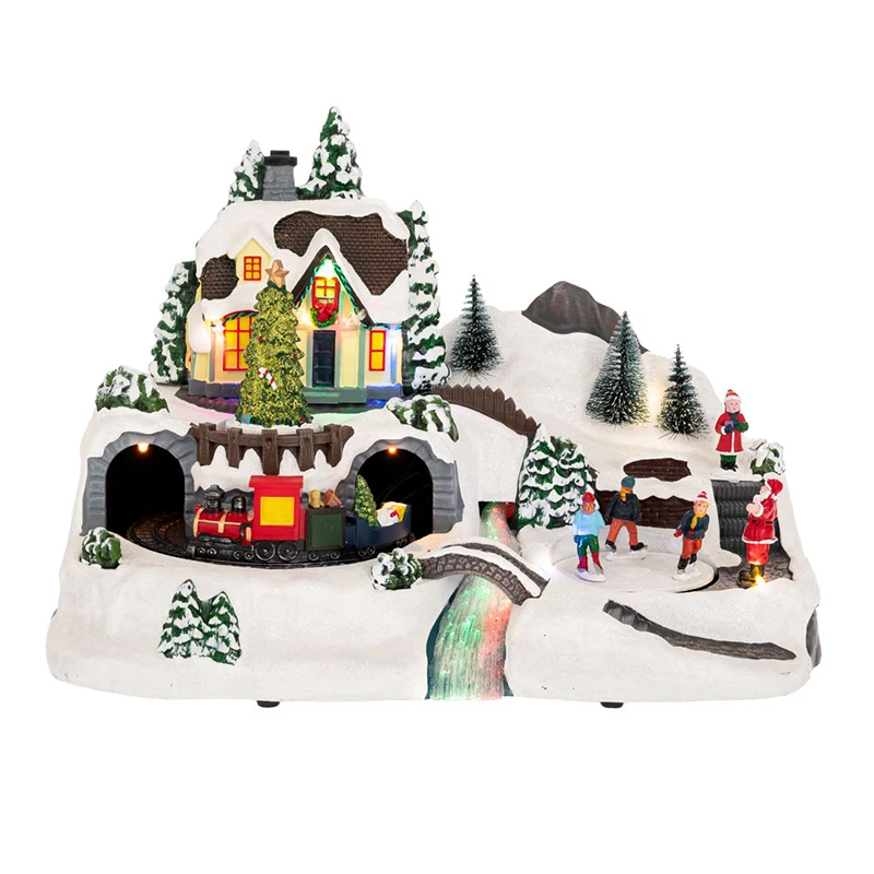 XMAS LIGHTED VILLAGE WITH SKI SLOPE AND ANIMATED TRAIN INCLUDING ADAPTOR 37X22,5X26CM