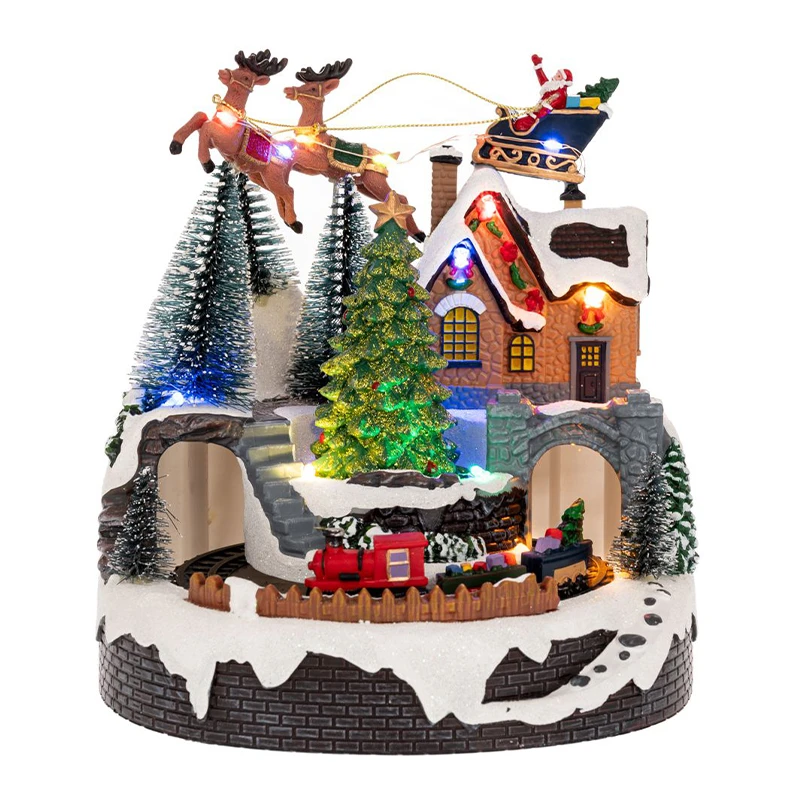 XMAS RESIN LIGHTED VILLAGE WITH MOVING TRAIN 15X14X17,5CM BATTERY OPPERATED