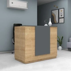 Gemini Megapap melamine reception desk in oak - anthracite color 150x70x110cm. Gemini Megapap melamine reception desk in oak - anthracite color 150x70x110cm.