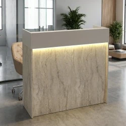 Wilko Megapap melamine welcome desk - reception with LED in travertine - sandstone color 113.6x42x110cm. Wilko Megapap melamine welcome desk - reception with LED in travertine - sandstone color 113.6x42x110cm.