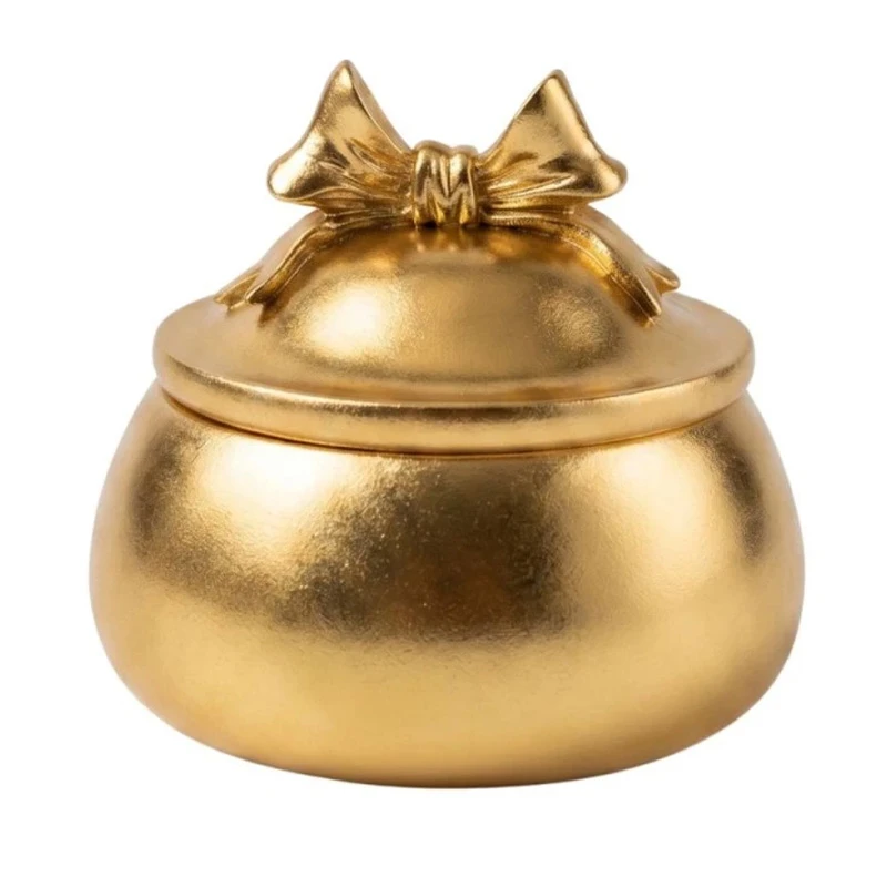 GOLD RESIN TRINKET BOX WITH BOW D10X9CM