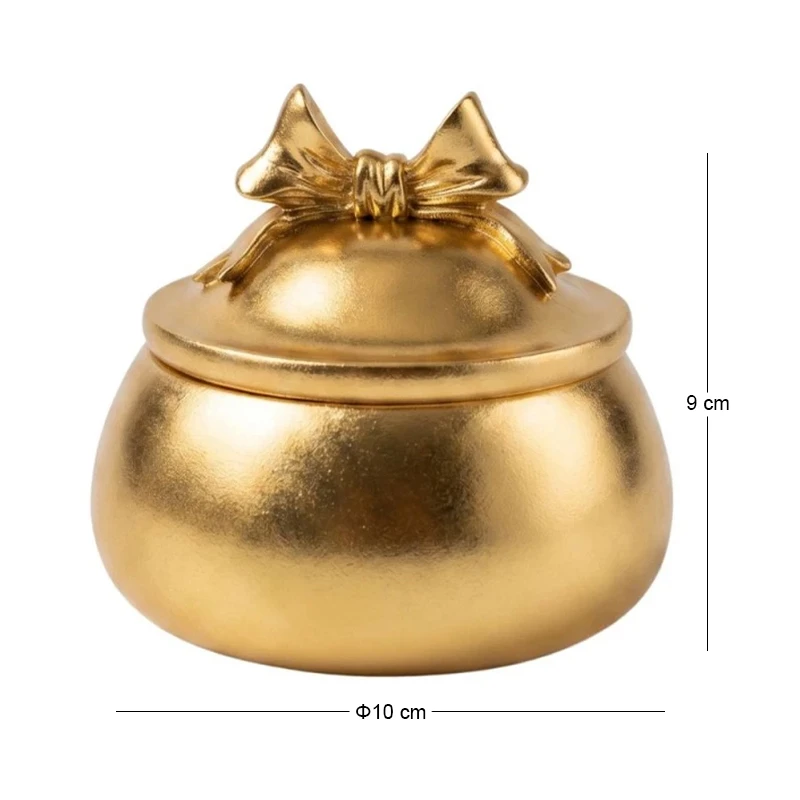 GOLD RESIN TRINKET BOX WITH BOW D10X9CM