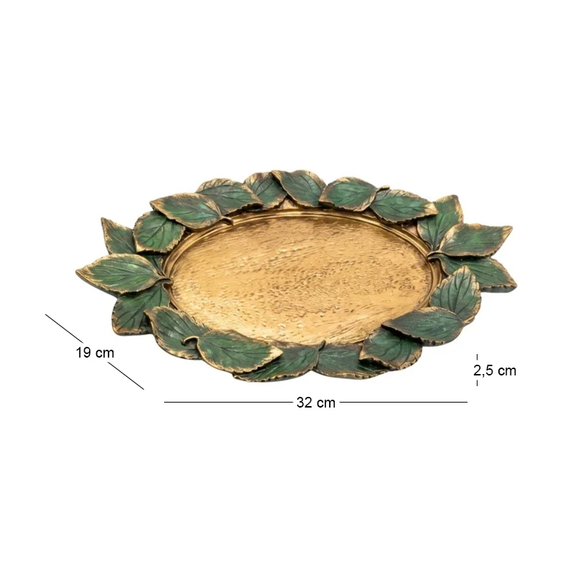 GOLD RESIN PLATTER WITH EMBOSSED GREEN LEAVES 32X19X2,5CM