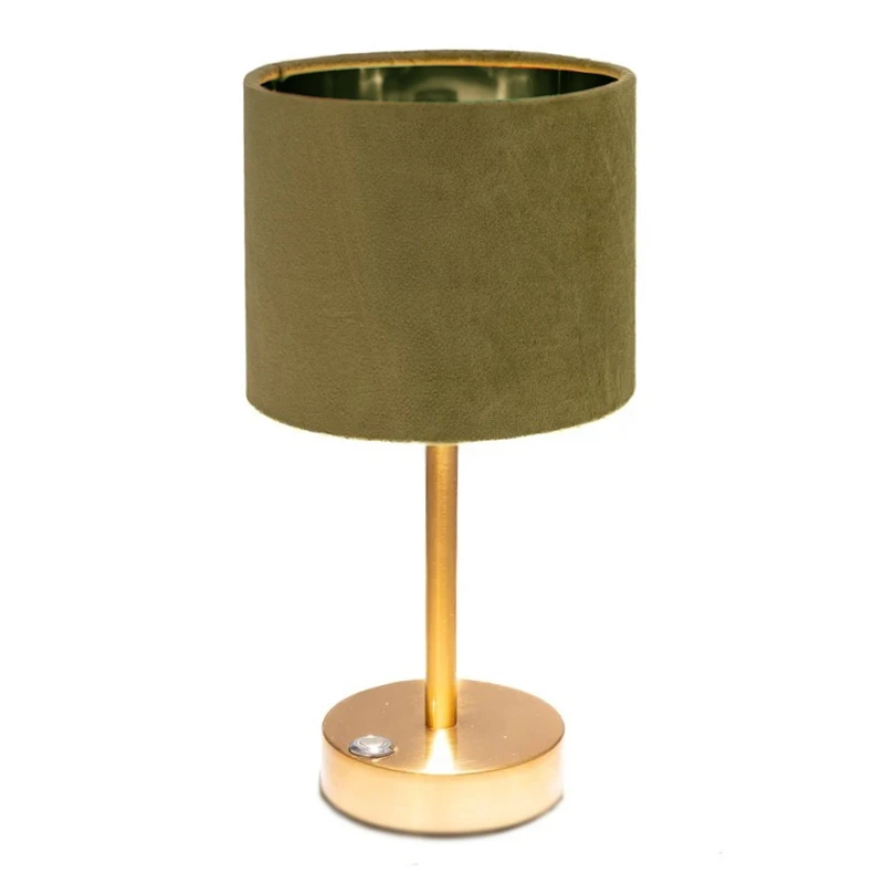 GOLD METAL TABLE LAMP WITH OLIVE FABRIC SHADE D15X30CM USB