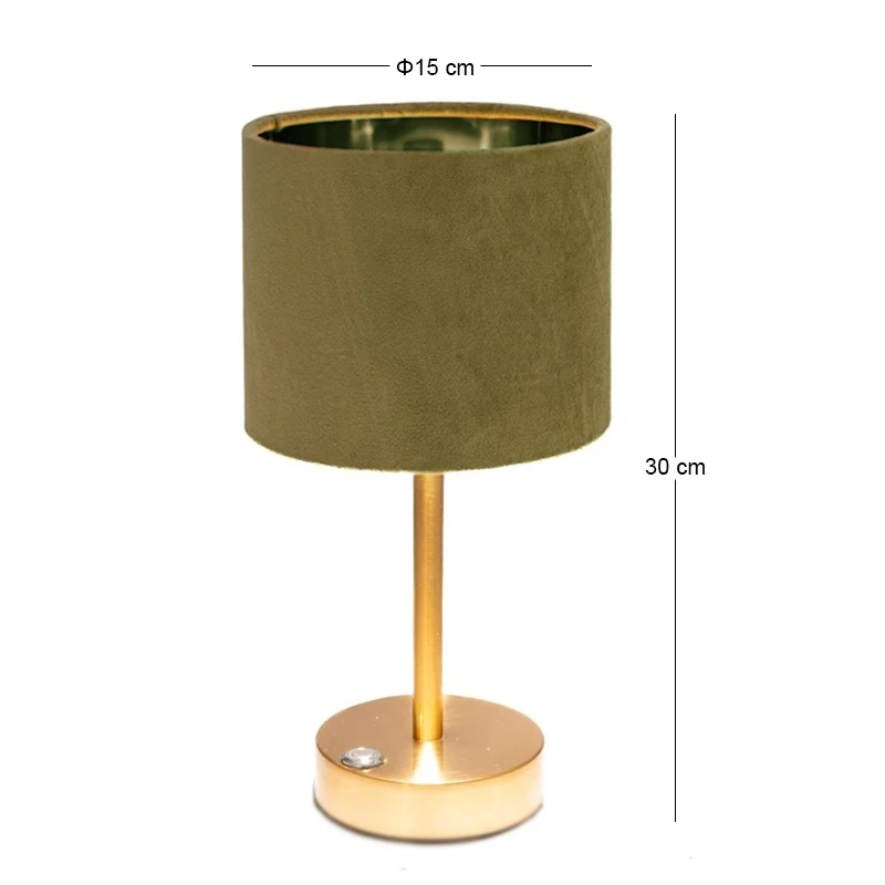 GOLD METAL TABLE LAMP WITH OLIVE FABRIC SHADE D15X30CM USB
