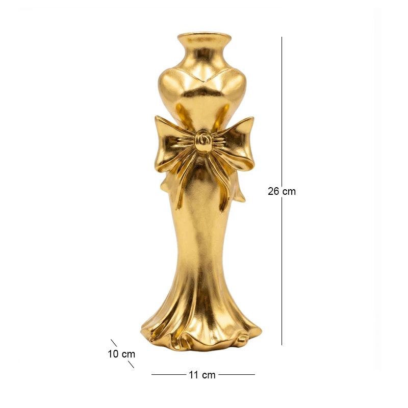 GOLD RESIN VASE WITH BOW 11X10X26CM