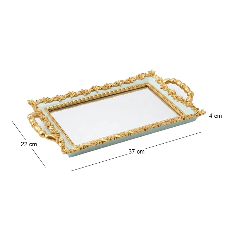 GOLD  MINT GREEN RESIN MIRROR TRAY 37x22x4 CM