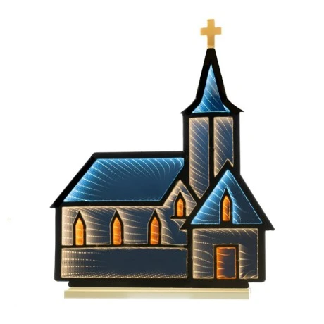 60CM INFINITY LIGHT CHURCH WITH WOODEN BASE  DOUBLE FACE ILUMINATED FROM BOTH SIDES WITH EUROPEAN PLUG