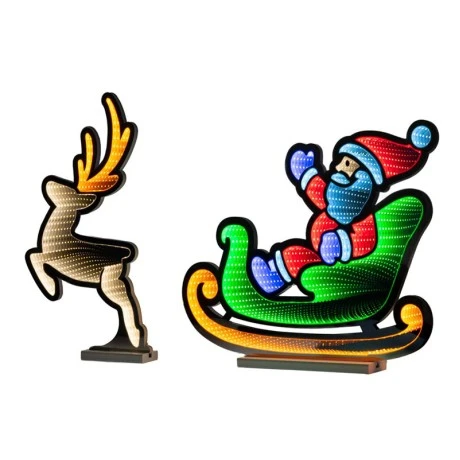 75CM INFINITY CHRISTMAS SLEIGH WITH SANTA AND DEER WITH WOODEN BASE  DOUBLE FACE ILUMINATED FROM BOTH SIDES WITH EUROPEAN PLUG