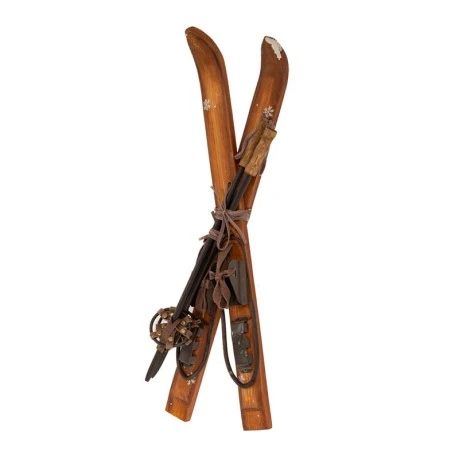 BROWN WOODEN ANTIQUE SKIS AND POLES 7X10X50CM
