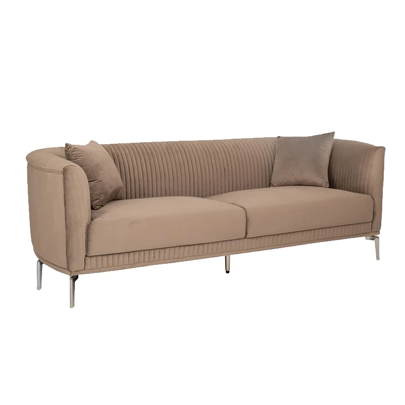 BROWN VELVET THREE-SEATER SOFA 220X96X73CM W SILVER METAL LEGS KD