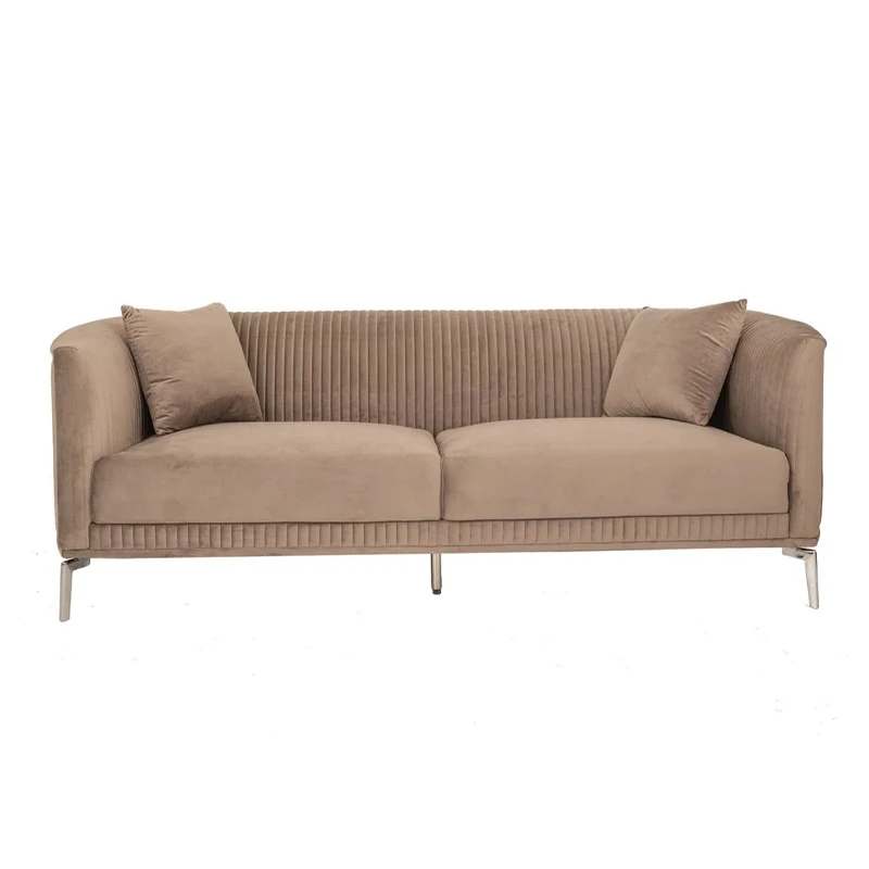 BROWN VELVET THREE-SEATER SOFA 220X96X73CM W SILVER METAL LEGS KD
