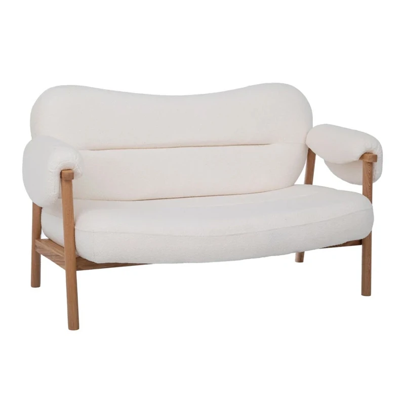NATURAL WOOD TWO-SEATER SOFA WITH CREAM CUSHION 145X80X83CM