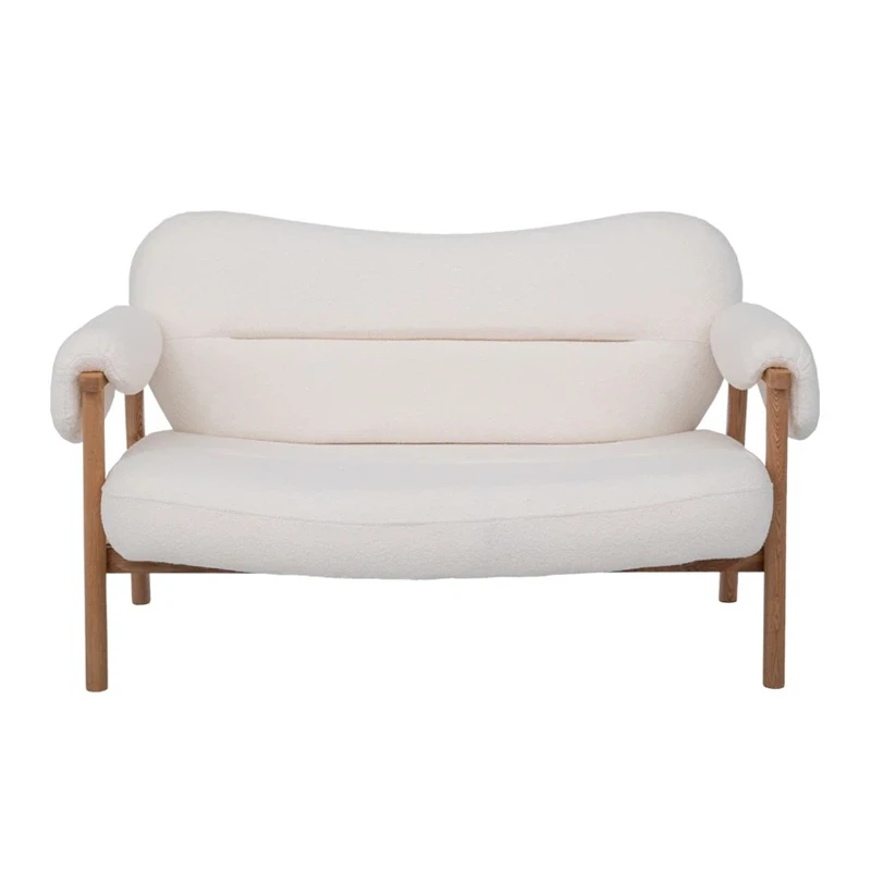 NATURAL WOOD TWO-SEATER SOFA WITH CREAM CUSHION 145X80X83CM