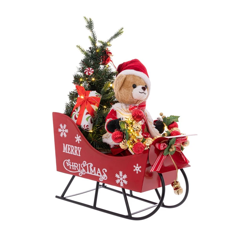 XMAS RED BEAR SITTING IN A SLEIGHT WITH MUSIC AND MOVEMENT 52X28X60CM BATTERY OPPERATED
