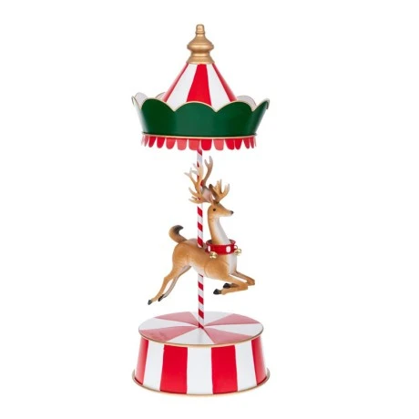 XMAS RED-WHITE METAL CAROUSEL WITH REINDEER 35X35X86,5CM