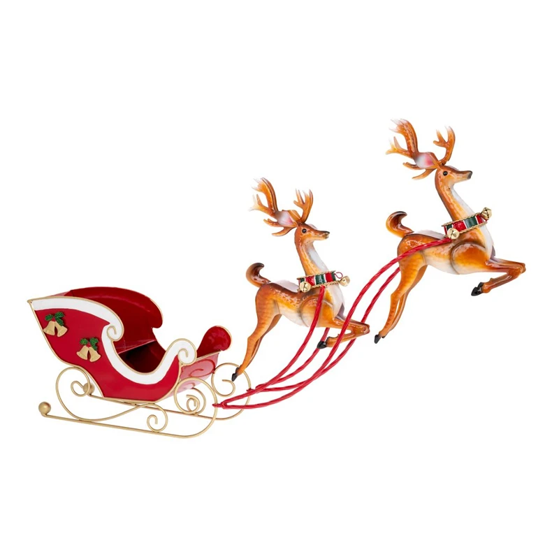 XMAS RED METAL SLEIGH WITH TWO METAL REINDEER IN THE AIR 90X18X58CM