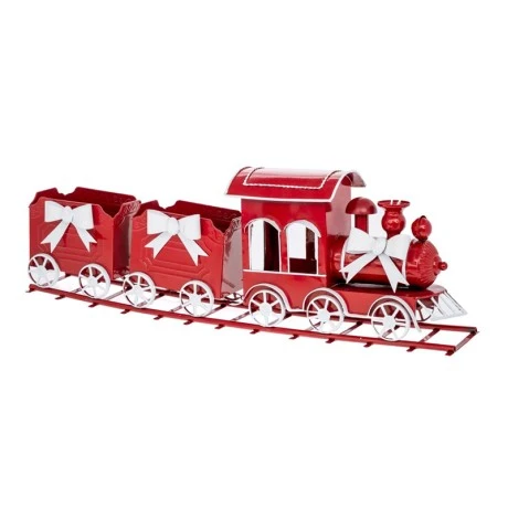 XMAS RED METAL TRAIN ON TRACKS WITH TWO WAGONS AND WHITE BOWS 77X15X33CM