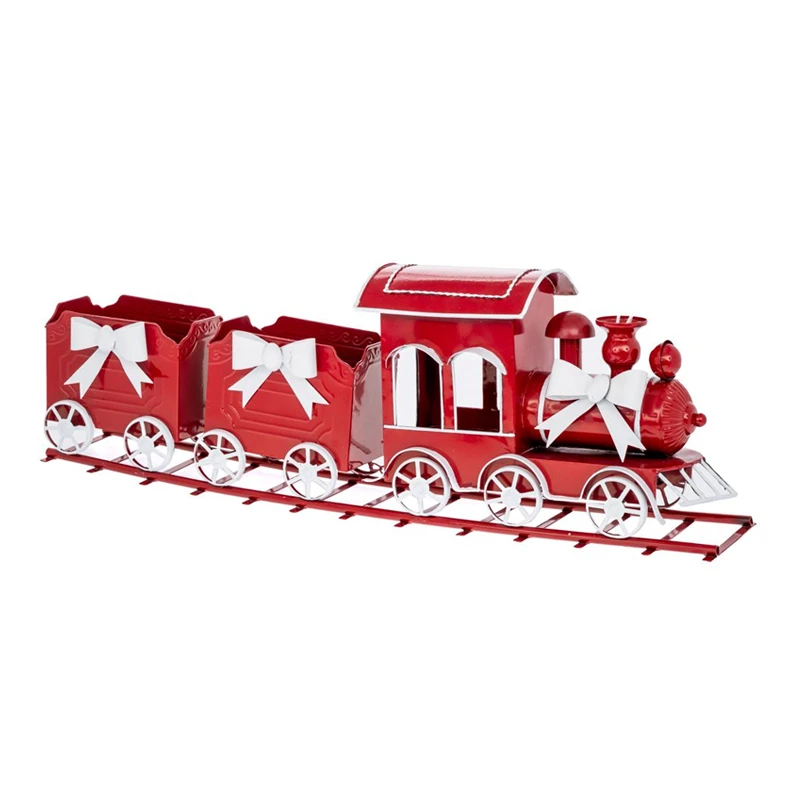 XMAS RED METAL TRAIN ON TRACKS WITH TWO WAGONS AND WHITE BOWS 77X15X33CM