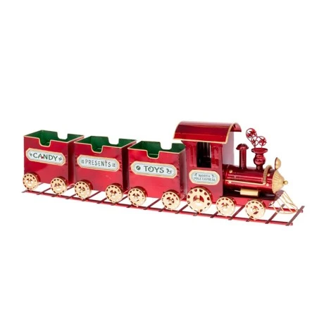 XMAS RED METAL TRAIN ON TRACKS WITH TREE WAGONS 90Χ20X20CM