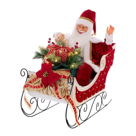 XMAS RED SANTA CLAUS SITTING IN A SLEIGHT WITH GIFTS WITH MUSIC AND MOVEMENT 32X60X60CM BATTERY OPEERATED