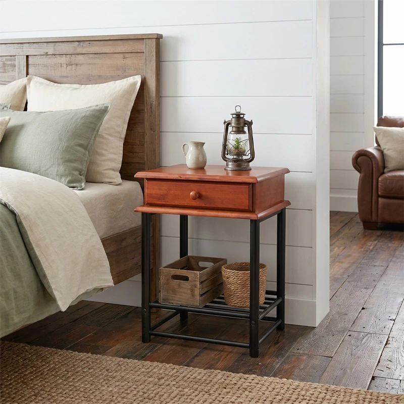 FLORA-II Side Table Metal Black/Wood Walnut