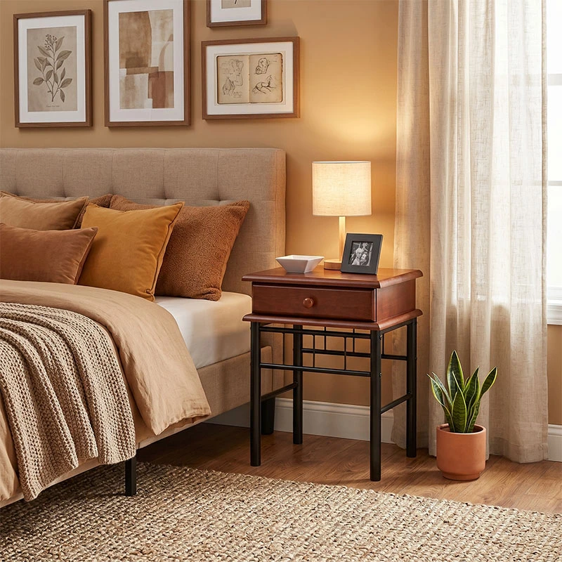 FLORA Side Table Metal Black/Wood Walnut