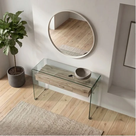 GLASSER Wood Console with shelf Clear 12mm Glass 120x40x75cm
