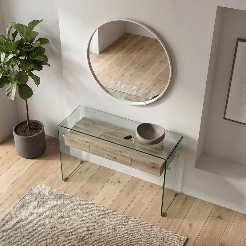 GLASSER Wood Console with shelf Clear 12mm Glass 120x40x75cm