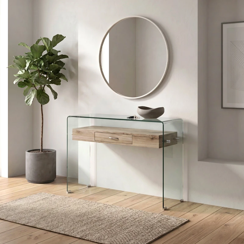 GLASSER Wood Console with shelf Clear 12mm Glass 120x40x75cm