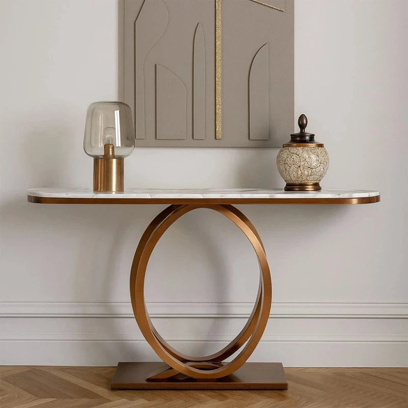 CRΘME BROWN METAL CONSOLE WITH WHITE BROWN CERAMIC SURFACE (MARBLE EFFECT) 130X40X80CM