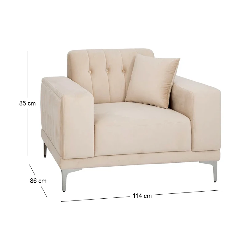 CREAM VELVET ARMCHAIR 114Χ86Χ85CM W SILVER METAL LEGS KD
