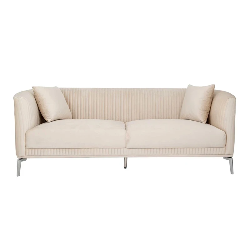 CREAM VELVET THREE-SEATER SOFA 220X96X73CM W SILVER METAL LEGS KD