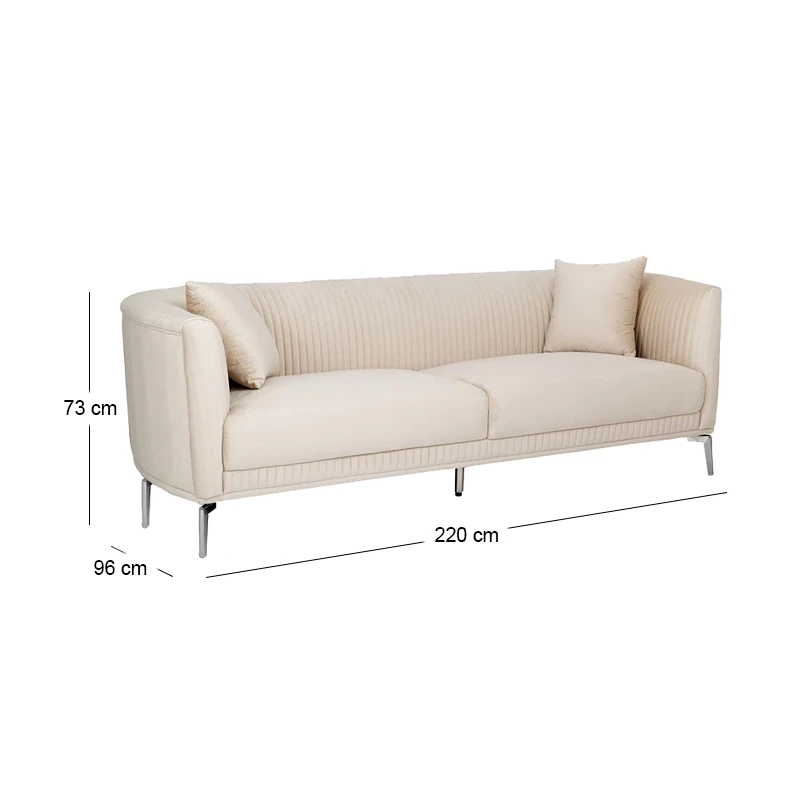 CREAM VELVET THREE-SEATER SOFA 220X96X73CM W SILVER METAL LEGS KD