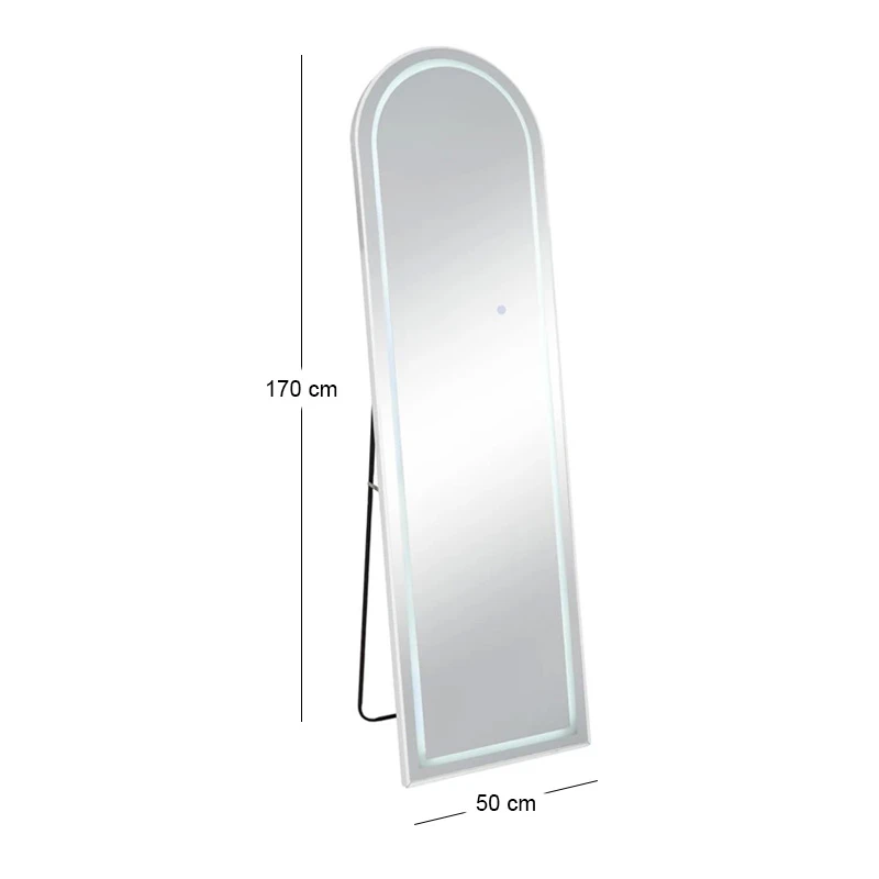 WHITE METAL FLOOR MIRROR WITH TOUCH SCREEN LED LIGHT  D50X170CM