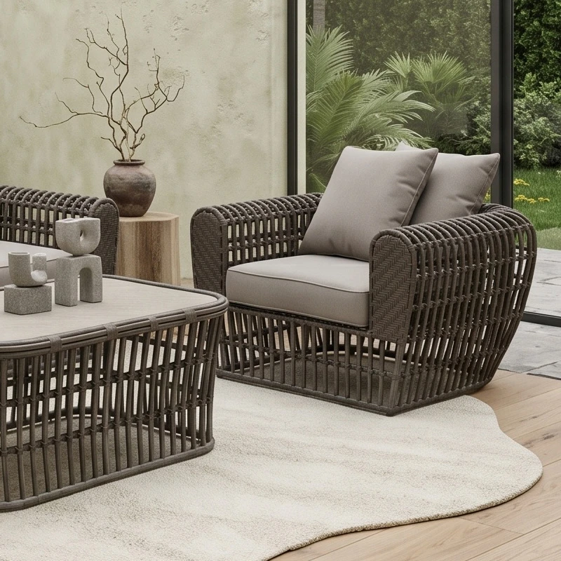LOPEZ Set (4pcs) Metal-Wicker Brown (Cushions Beige)