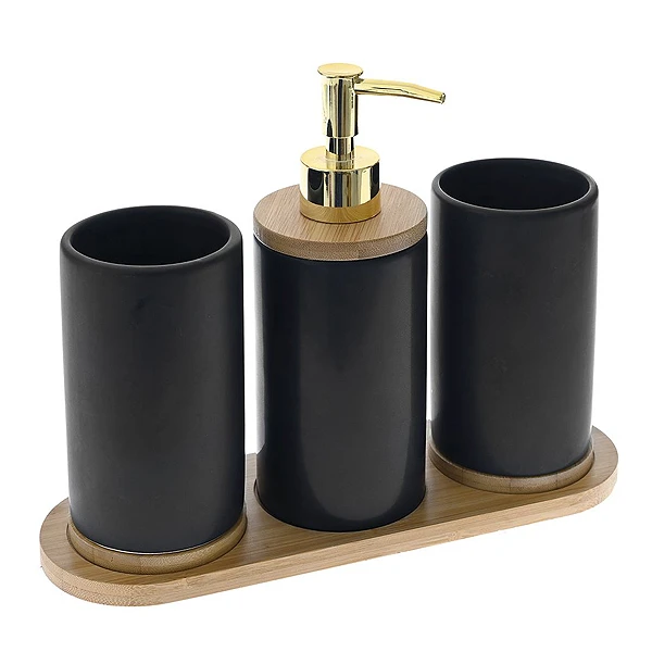 BLACK CERAMIC BATHROOM ACCESORIES SET  3 PCS WITH BAMBOO TRAY 25Χ9Χ20CM
