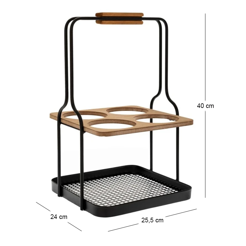 BLACK METAL WINE RACK FOR 4 BOTTLES WITH WOODEN DETAILS 25,5X24X40
