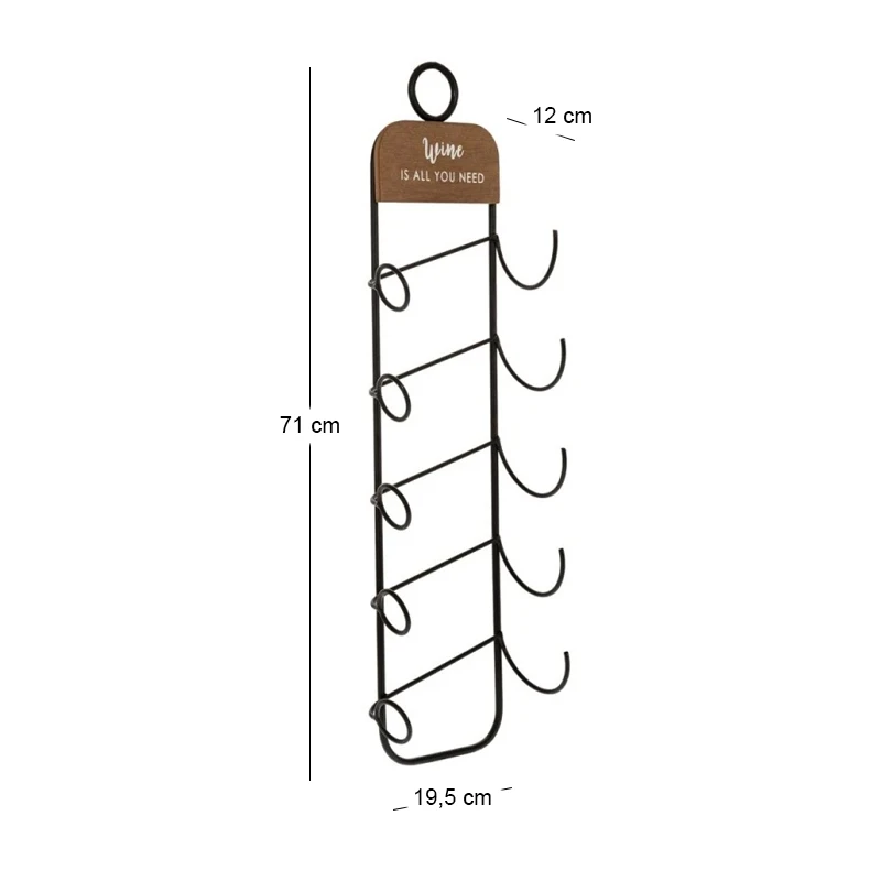 BLACK METAL WALL WINE RACK FOR 5 BOTTLES 19,5X12X71CM