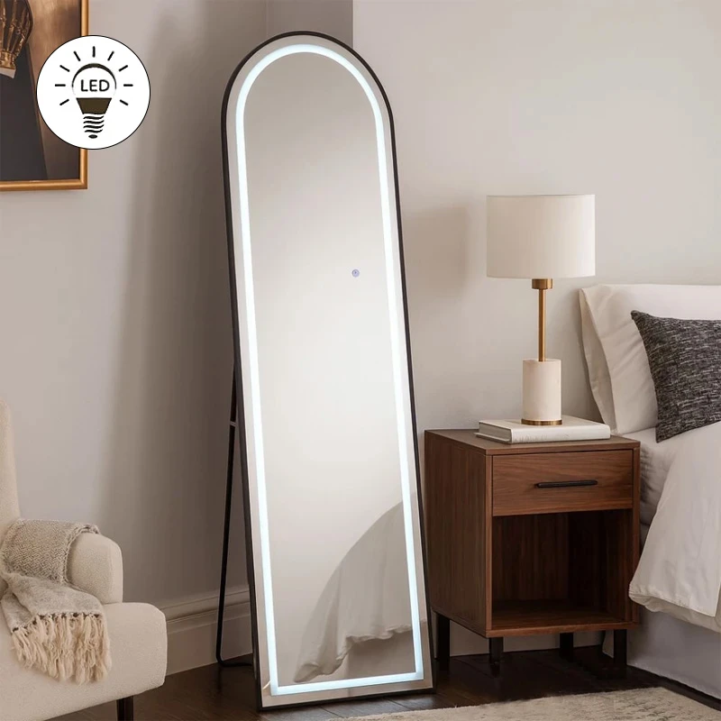 BLACK METAL FLOOR MIRROR WITH TOUCH SCREEN LED LIGHT D50X170