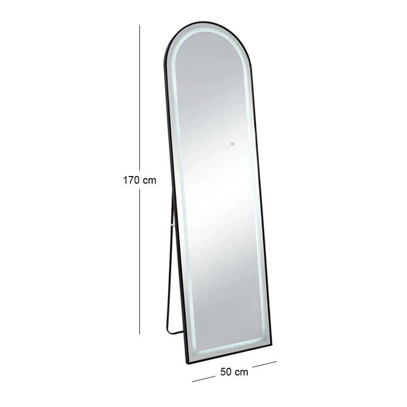 BLACK METAL FLOOR MIRROR WITH TOUCH SCREEN LED LIGHT D50X170