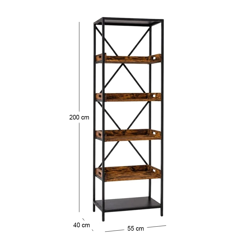 METAL SHELF BOOKCASE WITH 5 WOODEN SHELVES 55Χ40Χ200CM