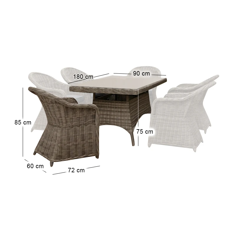 MONTANA Set Alu Table 180x90+6 Armchairs Grey/Brown Wicker