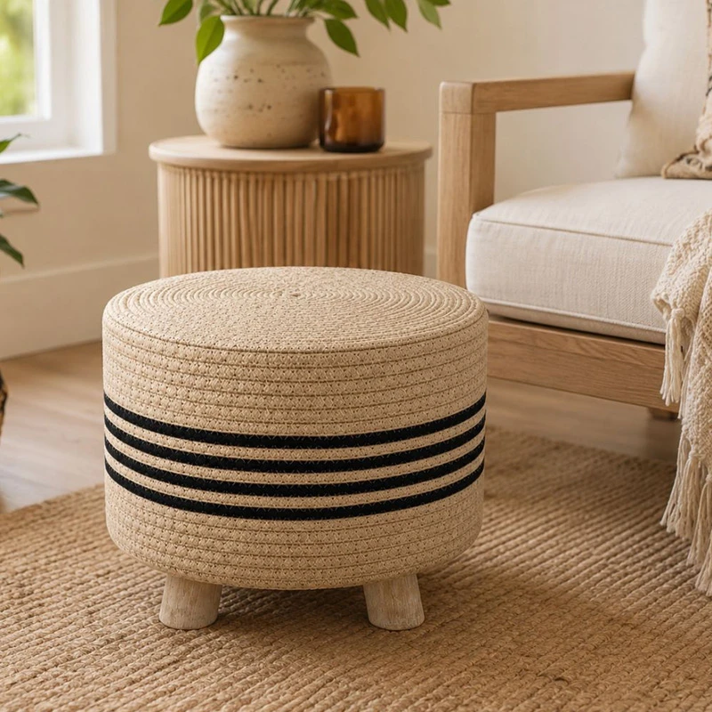 COTTON ROPE ROUND STOOL ΙΝ BEIGE COLOR D29X28CM