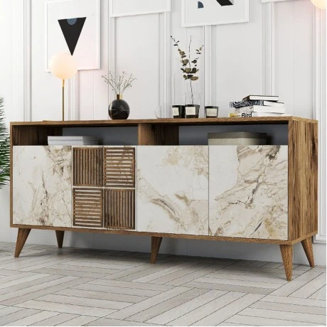 Milan Megapap melamine buffet in walnut - white marble effect color 180x35x78,6cm.