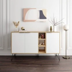 Clara Megapap melamine buffet in oak-white color 142x35,6x83cm. Clara Megapap melamine buffet in oak-white color 142x35,6x83cm.