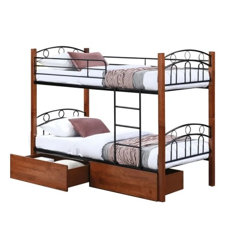 NORTON Double Deck Bed - 2 Drawers 90x190 Metal Black/Wood Walnut